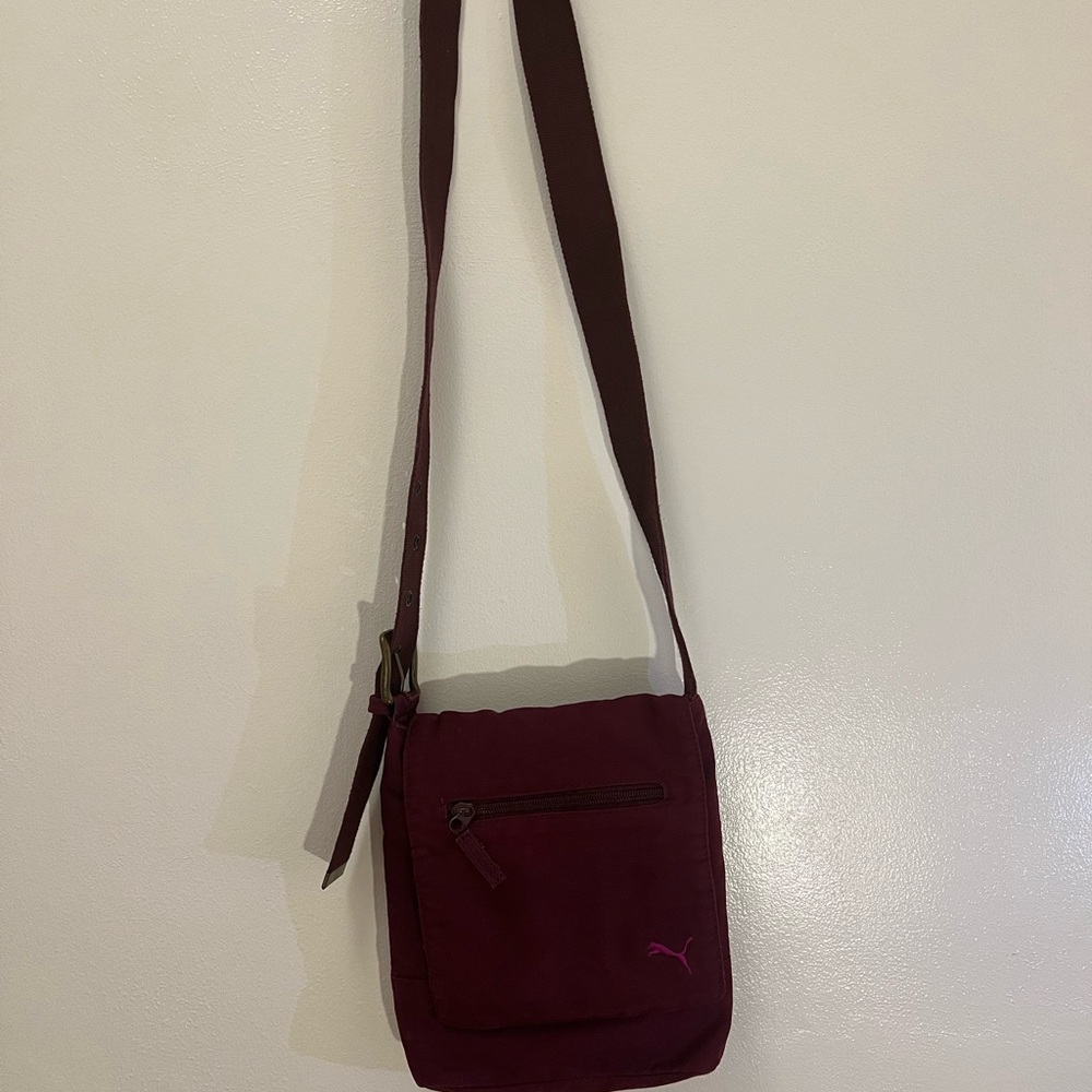 Puma Corduroy Maroon Crossbody Bag Floral Strap Buckle Zipper - Picture 3 of 11